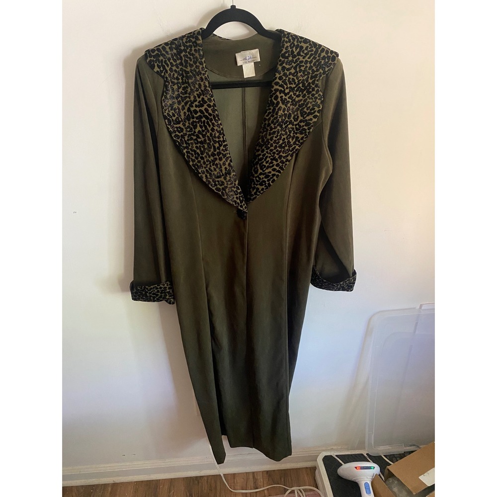 Vintage JC Collection by Connie Olive Green Leopard Print Glitter Duster Coat L